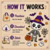 Picture of Happy Halloween Skeleton Embroidery Design, Cute Skeleton Embroidery File, Witch Hat Skeleton Machine Embroidery, pes dst exp jef vp3 xxx
