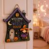 Picture of Interchangeable Witch House Wood Sign, Personalized Halloween Door Hanger, Custom Shape Welcome Sign, Seasonal Front Door Decor Halloween