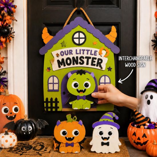 Picture of Interchangeable Monster Wood Sign, Personalized Halloween Door Hanger, Custom Shape Monster House Welcome Sign, Front Door Decor Halloween