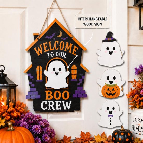 Picture of Interchangeable Halloween Ghost Wood Sign, Personalized Boo Crew Door Hanger, Custom Shape Welcome Sign, Front Door Fall Decor Halloween