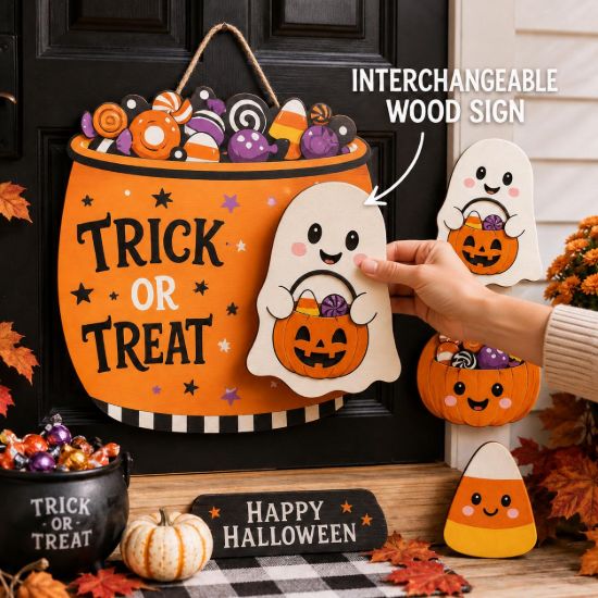 Picture of Interchangeable Trick or Treat Wood Sign, Personalized Halloween Door Hanger, Custom Shape Candy Bucket Welcome Sign, Front Door Decor