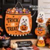 Picture of Interchangeable Trick or Treat Wood Sign, Personalized Halloween Door Hanger, Custom Shape Candy Bucket Welcome Sign, Front Door Decor
