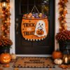 Picture of Interchangeable Trick or Treat Wood Sign, Personalized Halloween Door Hanger, Custom Shape Candy Bucket Welcome Sign, Front Door Decor