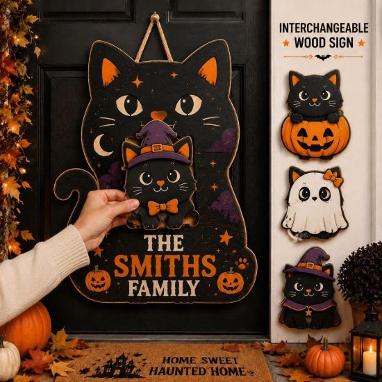 Picture of Interchangeable Black Cat Wood Sign, Personalized Halloween Door Hanger, Custom Shape Family Welcome Sign, Front Door Decor Halloween