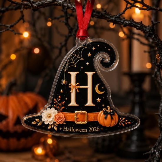 Picture of Personalized Halloween Witch Hat Acrylic Ornament, Custom Initial Halloween Tree Decoration, Pumpkin Keepsake Gift 2026 Halloween Onrament