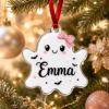 Picture of Personalized Ghost Halloween Acrylic Ornament, Custom Cute Halloween Ghost Name Ornament, Pink Bow Ghost Christmas Tree Decoration Gift