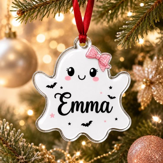 Picture of Personalized Ghost Halloween Acrylic Ornament, Custom Cute Halloween Ghost Name Ornament, Pink Bow Ghost Christmas Tree Decoration Gift