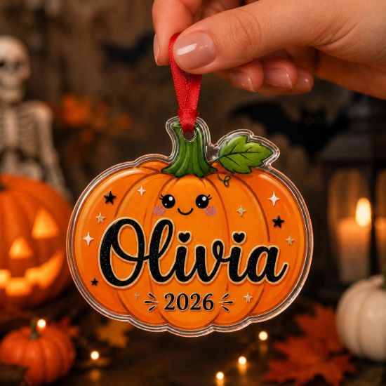 Picture of Personalized Pumpkin Acrylic Ornament, Custom Halloween Pumpkin Name Ornament, Cute Pumpkin Keepsake, Fall Decor Gift for Kids Family