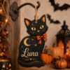 Picture of Personalized Black Cat Wooden Ornament, Custom Halloween Cat Name Ornament, Rustic Wood Pumpkin Keepsake, Spooky Cat Lover Gift Halloween