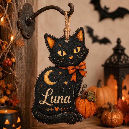 Picture of Personalized Black Cat Wooden Ornament, Custom Halloween Cat Name Ornament, Rustic Wood Pumpkin Keepsake, Spooky Cat Lover Gift Halloween