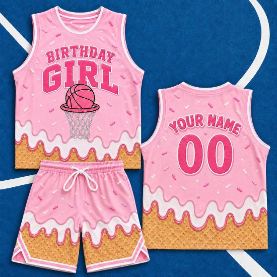 Picture of Personalized Basketball Birthday Girl Outfit, Custom Pink Ice Cream Jersey Set, Birthday Girl Tank Top & Shorts with Name Number