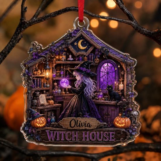 Picture of Personalized Witch House Ornament, Custom Name Halloween Ornament, Acrylic Witchy Decor, Black Cat Gift, Spooky Halloween Keepsake