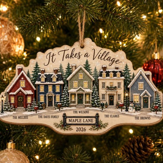 Picture of Personalized Neighborhood Christmas Ornament, It Takes a Village Wooden Ornament, Custom Family Names Street Gift, Neighbor Keepsake