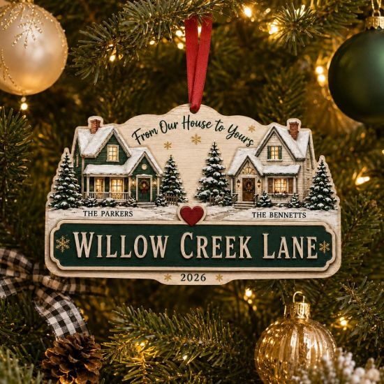 Picture of Personalized Neighbor Christmas Ornament, From Our House to Yours, Custom Family Names and Street Sign, Wooden Holiday Gift 2026