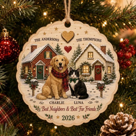 Picture of Personalized Pet Neighbor Christmas Ornament, Custom Dog Cat Names, Best Neighbors and Fur Friends, Family Holiday Keepsake 2026
