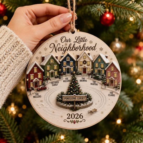 Picture of Personalized Neighborhood Christmas Ornament, Custom Family Names and Street Sign, Our Little Neighborhood Wooden Ornament 2026