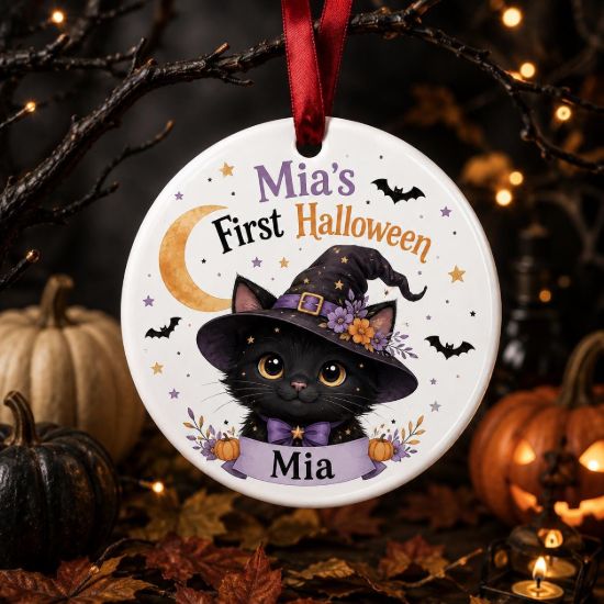 Picture of Personalized First Halloween Ornament, Baby Halloween Ornament, Witch Cat Halloween Keepsake, Baby's First Halloween Gift, Ceramic Ornament