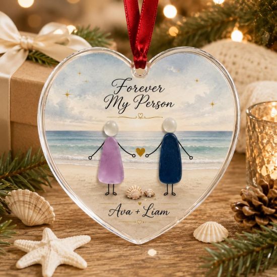 Picture of Forever My Person Heart Ornament, Personalized Couple Christmas Ornament, Beach Pebble Art Acrylic Ornament, Romantic Gift for Couples