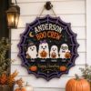 Picture of Personalized Halloween Ghost Family Door Hanger, Custom Boo Crew Wooden Sign, Spider Web Halloween Door Decor, Family Porch Sign Gift