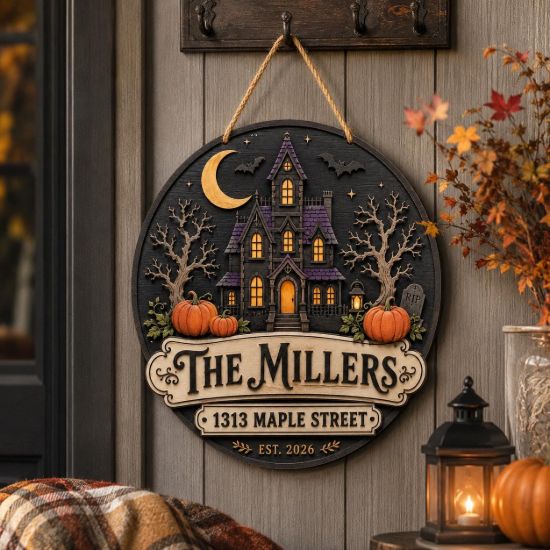 Picture of Personalized Haunted House Halloween Door Hanger, Custom Family Name Wooden Sign, Halloween Porch Decor, Spooky House Welcome Sign