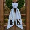 Picture of Personalized Halloween Wreath Sash Bow, Embroidered Black Cat Door Hanger Bow, Custom Wreath Bow, Fall Front Door Decor, Spooky Porch Decor