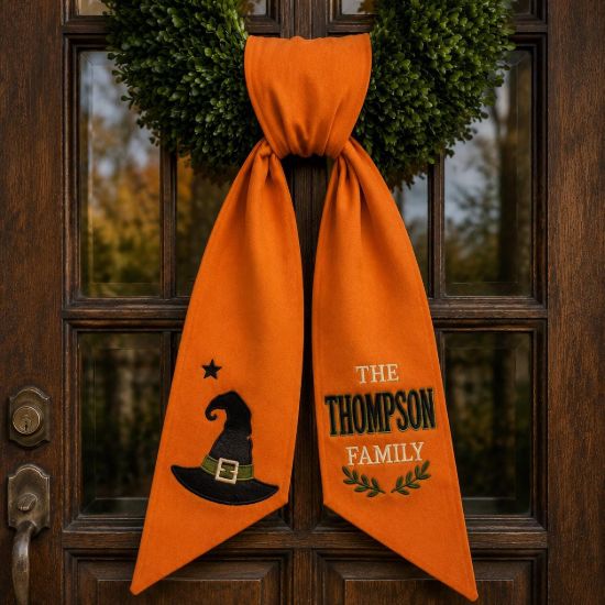 Picture of Personalized Halloween Wreath Sash Bow, Custom Name Wreath Bow, Embroidered Witch Hat Door Hanger, Fall Front Decor, Halloween Porch Decor