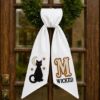 Picture of Personalized Halloween Wreath Sash Bow,Black Cat Wreath Bow, Custom Monogram Door Hanger, Wicked Halloween Decor, Embroidered Front Door Bow