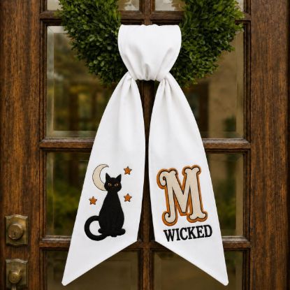 Picture of Personalized Halloween Wreath Sash Bow,Black Cat Wreath Bow, Custom Monogram Door Hanger, Wicked Halloween Decor, Embroidered Front Door Bow