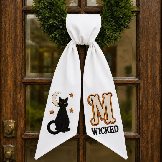 Picture of Personalized Halloween Wreath Sash Bow,Black Cat Wreath Bow, Custom Monogram Door Hanger, Wicked Halloween Decor, Embroidered Front Door Bow