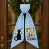Picture of Personalized Halloween Wreath Sash Bow,Black Cat Wreath Bow, Custom Monogram Door Hanger, Wicked Halloween Decor, Embroidered Front Door Bow
