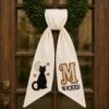 Picture of Personalized Halloween Wreath Sash Bow,Black Cat Wreath Bow, Custom Monogram Door Hanger, Wicked Halloween Decor, Embroidered Front Door Bow