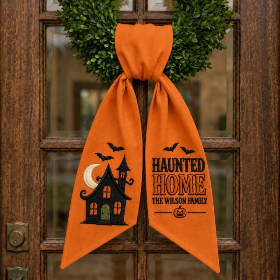 Picture of Personalized Haunted House Wreath Sash Bow, Custom Family Name Halloween Door Bow, Embroidered Haunted Home Wreath Sash, Spooky Door Decor