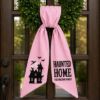 Picture of Personalized Haunted Home Wreath Sash Bow, Custom Family Name Halloween Wreath Bow, Embroidered Haunted House Door Hanger, Spooky Door Decor
