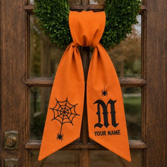 Picture of Personalized Halloween Wreath Sash Bow, Custom Gothic Monogram Wreath Bow, Embroidered Spider Web Door Hanger, Spooky Front Door Halloween
