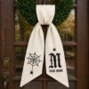 Picture of Personalized Halloween Wreath Sash Bow, Custom Gothic Monogram Wreath Bow, Embroidered Spider Web Door Hanger, Spooky Front Door Halloween