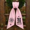 Picture of Personalized Halloween Wreath Sash Bow, Custom Gothic Monogram Wreath Bow, Embroidered Spider Web Door Hanger, Spooky Front Door Halloween