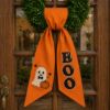 Picture of Halloween Wreath Sash Bow, Embroidered Ghost Pumpkin Door Bow, Custom BOO Wreath Sash, Fall Front Door Decor, Spooky Halloween Decor
