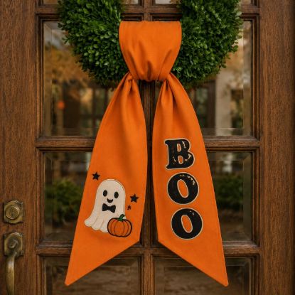 Picture of Halloween Wreath Sash Bow, Embroidered Ghost Pumpkin Door Bow, Custom BOO Wreath Sash, Fall Front Door Decor, Spooky Halloween Decor