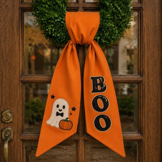Picture of Halloween Wreath Sash Bow, Embroidered Ghost Pumpkin Door Bow, Custom BOO Wreath Sash, Fall Front Door Decor, Spooky Halloween Decor