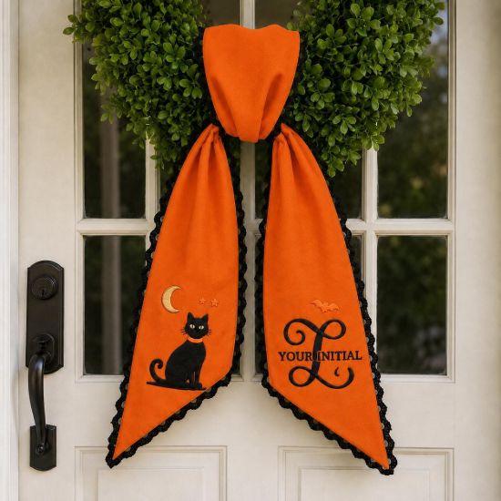 Picture of Personalized Halloween Wreath Sash Bow, Custom Black Cat Wreath Bow, Embroidered Front Door Wreath Sash, Halloween Door Decor with Lace Trim