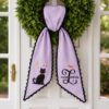 Picture of Personalized Halloween Wreath Sash Bow, Custom Black Cat Wreath Bow, Embroidered Front Door Wreath Sash, Halloween Door Decor with Lace Trim