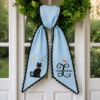 Picture of Personalized Halloween Wreath Sash Bow, Custom Black Cat Wreath Bow, Embroidered Front Door Wreath Sash, Halloween Door Decor with Lace Trim