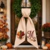 Picture of Personalized Turkey Wreath Bow, Embroidered Thanksgiving Door Bow, Custom Initial Fall Wreath Sash, Autumn Front Door Farmhouse Harvest