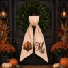 Picture of Personalized Turkey Wreath Bow, Embroidered Thanksgiving Door Bow, Custom Initial Fall Wreath Sash, Autumn Front Door Farmhouse Harvest