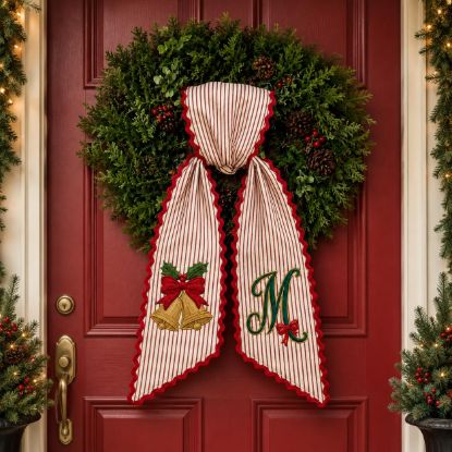 Picture of Personalized Christmas Bells Wreath Bow, Embroidered Holiday Door Bow, Custom Christmas Wreath Sash, Farmhouse Front Door Decor, Xmas Bow