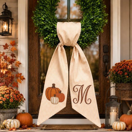 Picture of Personalized Pumpkin Wreath Bow, Embroidered Fall Door Bow, Custom Initial Autumn Wreath Sash,Thanksgiving Front Door Decor, Farmhouse Decor