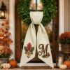 Picture of Personalized Fall Leaf Wreath Bow, Embroidered Oak Leaf Door Bow, Custom Autumn Wreath Sash, Thanksgiving Door Decor Farmhouse Harvest