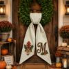 Picture of Personalized Fall Leaf Wreath Bow, Embroidered Oak Leaf Door Bow, Custom Autumn Wreath Sash, Thanksgiving Door Decor Farmhouse Harvest