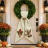 Picture of Personalized Fall Leaf Wreath Bow, Embroidered Oak Leaf Door Bow, Custom Autumn Wreath Sash, Thanksgiving Door Decor Farmhouse Harvest