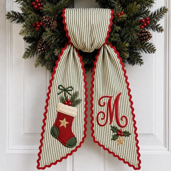 Picture of Personalized Christmas Stocking Wreath Bow, Embroidered Holiday Door Bow, Custom Christmas Wreath Sash, Farmhouse Front Door Decor, Xmas Bow
